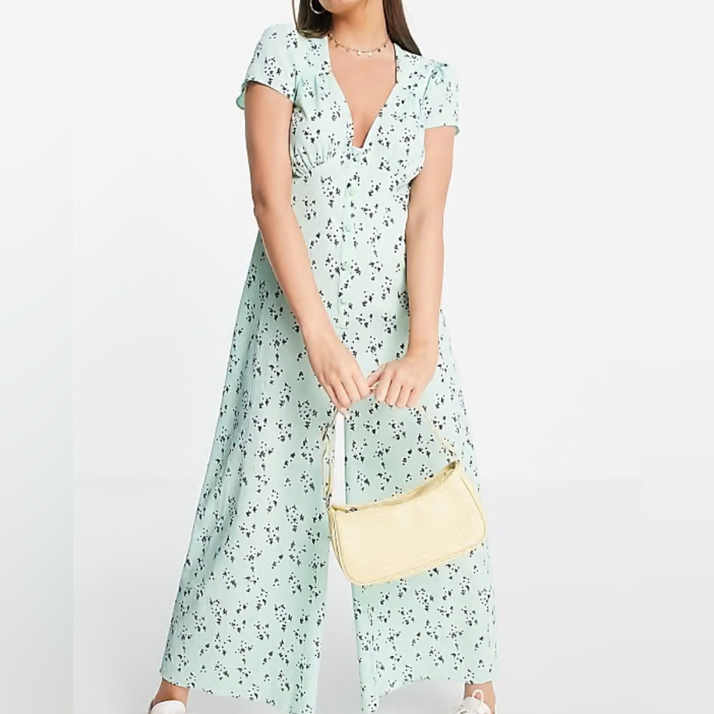 2/$28 ASOS Bubble Crepe Tea Button Front Jumpsuit Sage Micro Floral Size 20 NWT